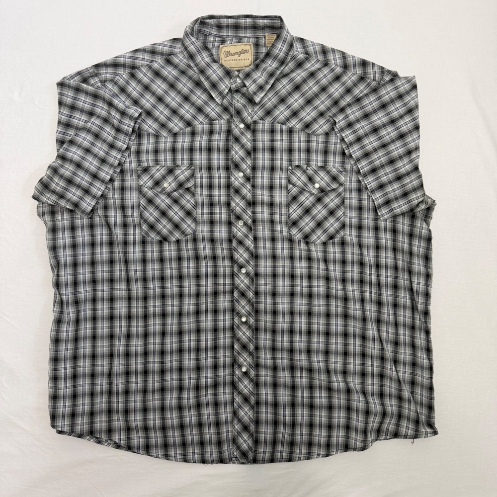 Wrangler Western Shirt Mens Plaid Pearl Snap Short Sleeve Black‎ Gray Cowboy Top